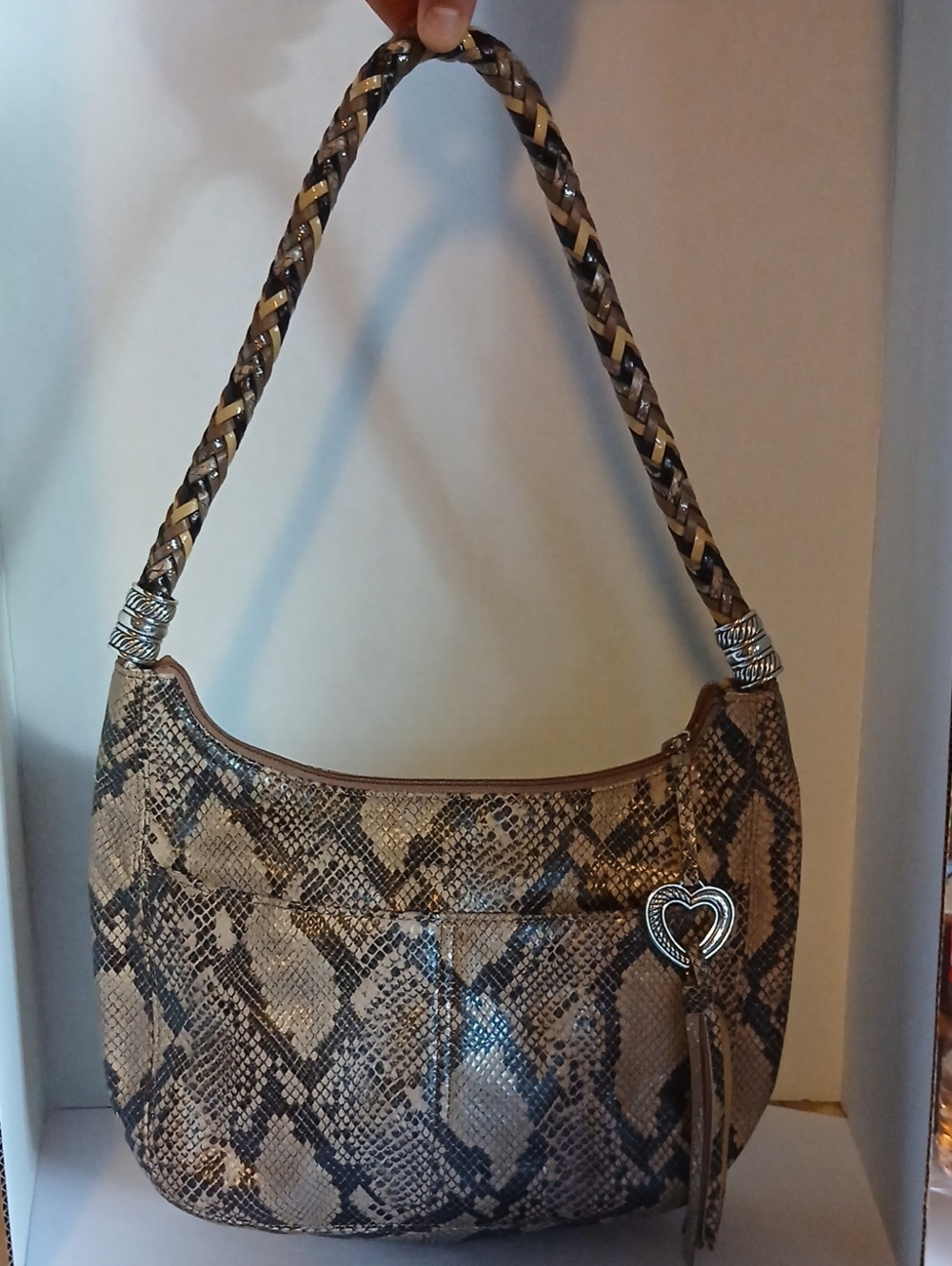 Brighton Snake-Print Hobo in Brown and Black with Braided Handle